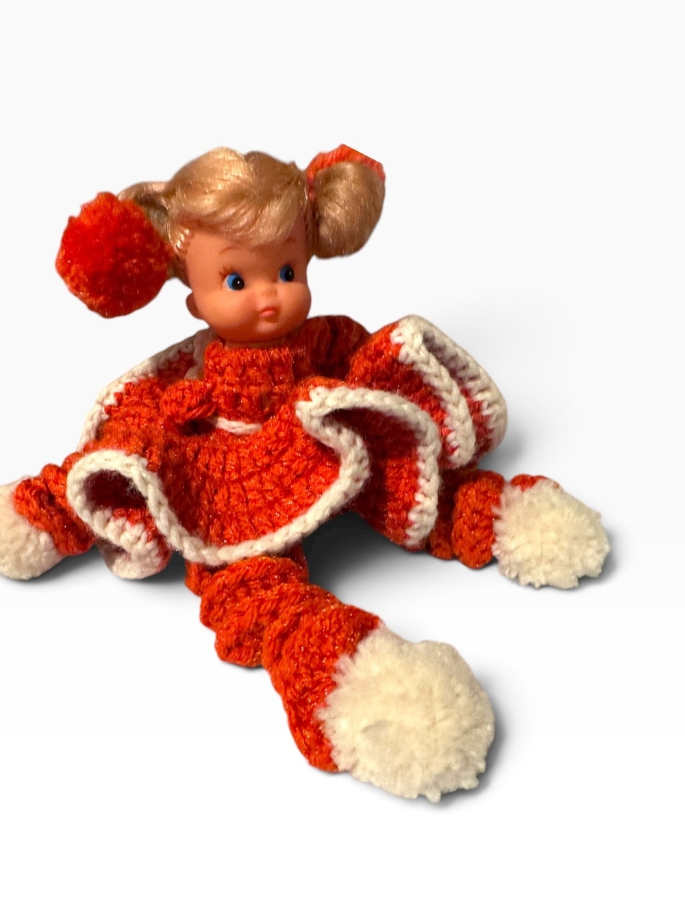 Vintage 1960s Handmade Crochet Doll with Pom-Pom Accents